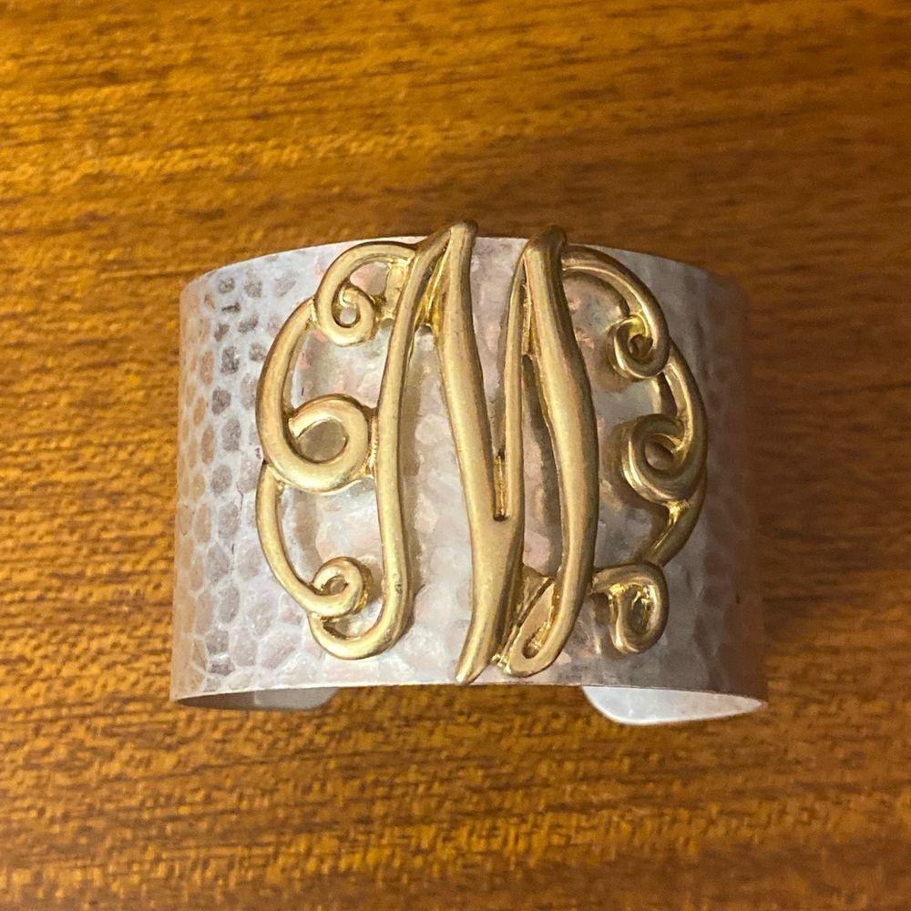 Gypsy Jewels Wide 2 Tone Hammered Boutique Look Monogram Initial Cuff Bracelet - Picture 3 of 10